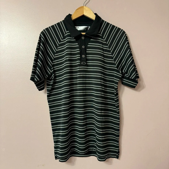 Oakley Golf Polo Shirt Black White Gray Stripe Short Sleeve Men Size M - Picture 1 of 9